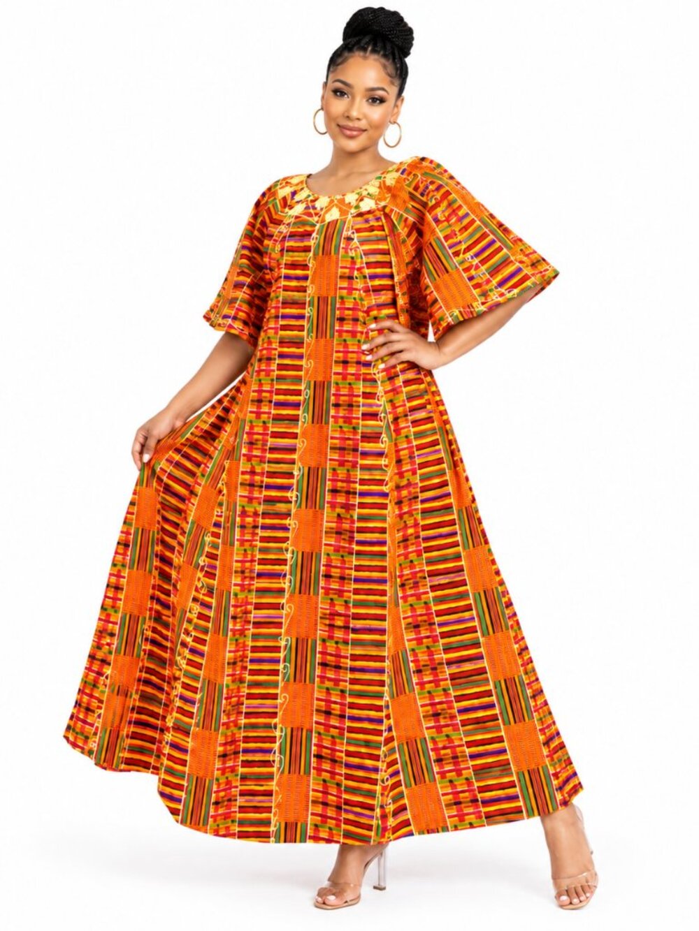 Women's African Kente Maxi Dress Cotton Kaftan Plus Size Ankara Print Colorful